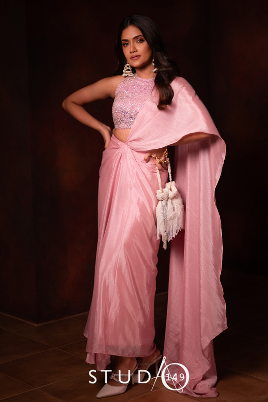 DESIGNER DRAPED SAREE IN DUSTY PINK