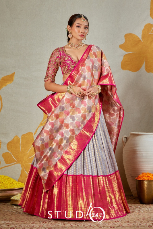 BRIDAL KANJEEVARAM HALF SAREE IN PINK AND GREY