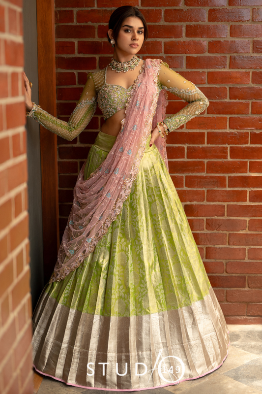 Green and Pink Bridal Kanjivaram Half Saree  | Bridal & Engagement Wear by Studio 149, Chennai