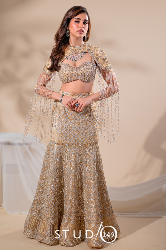 Fit & flare lehenga in Light Gold | Reception / Bridal wear by Studio149, Chennai