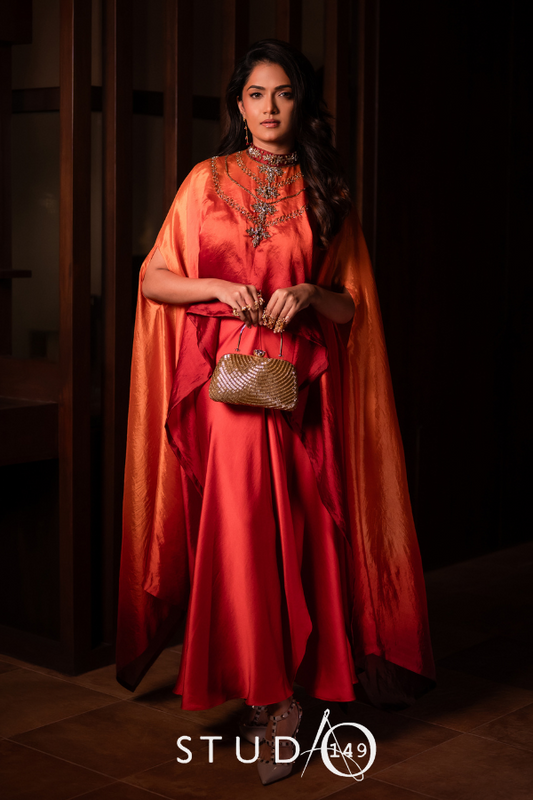 DESIGNER DRAPE SET IN RED ORANGE