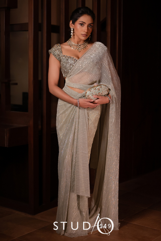 DESIGNER DRAPED SAREE IN MINT GREEN