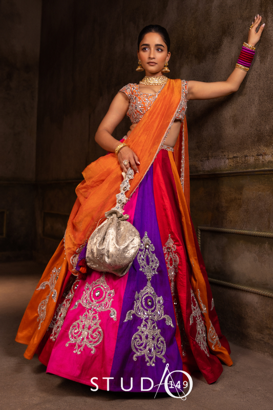 BRIDAL PANELLED RAW SILK LEHENGA IN MULTICOLOUR