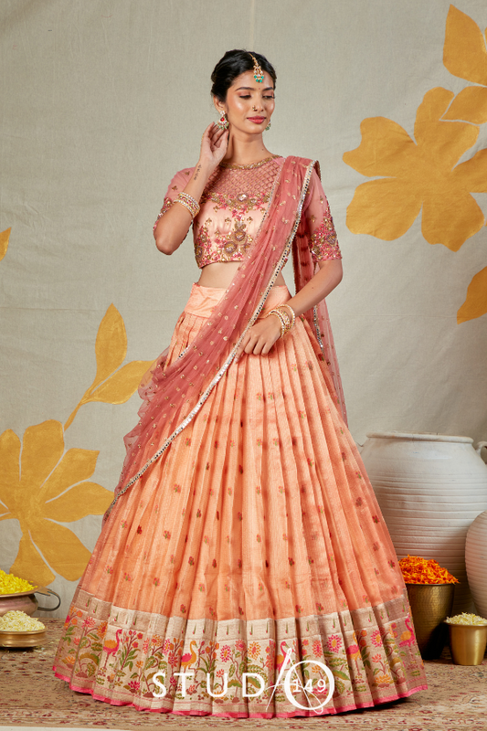 DESIGNER PEACH AND PINK HALF SAREE SET