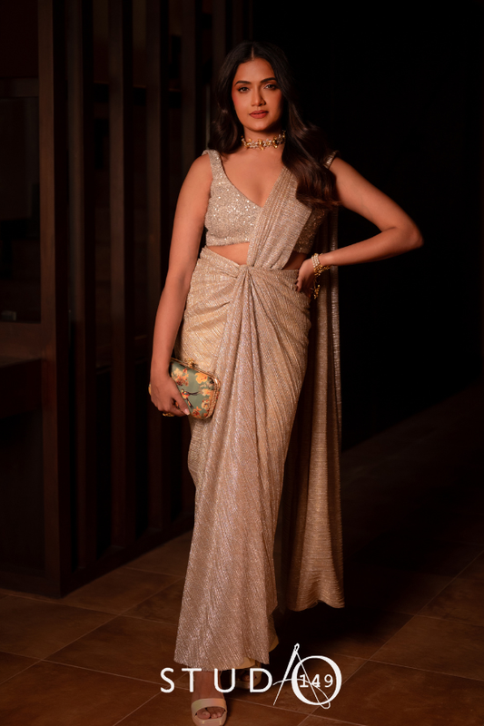 DESIGNER DRAPED SAREE IN GOLDEN BEIGE
