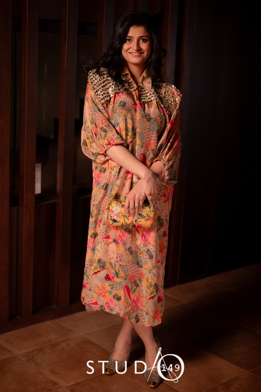 DESIGNER PRINTED DRESS IN YELLOW