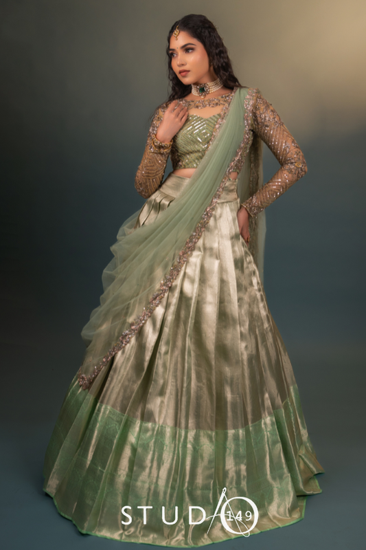KANJEEVARAM BRIDAL HALF SAREE SET IN MINT GREEN