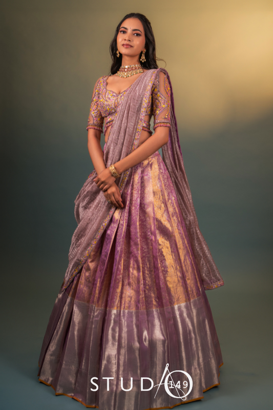 KANJEEVARAM BRIDAL HALF SAREE SET IN LILAC