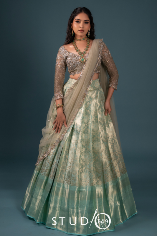 BRIDAL KANJEEVARAM HALF SAREE IN BLUE AND SILVER