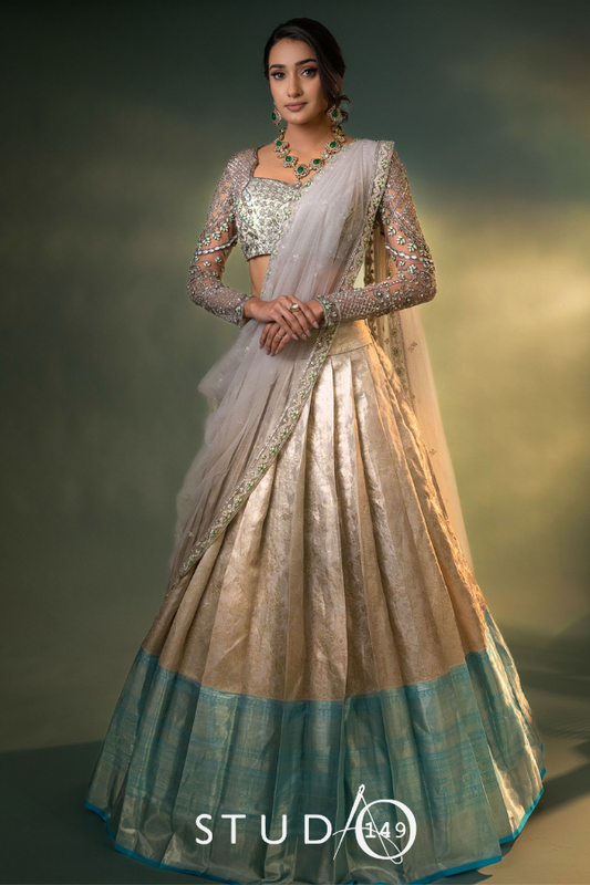 BRIDAL KANJEEVARAM HALF SAREE IN SILVER AND BLUE