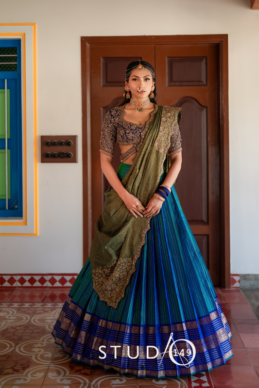 BRIDAL KANJEEVARAM HALF SAREE IN ROYAL BLUE AND PEACOCK GREEN
