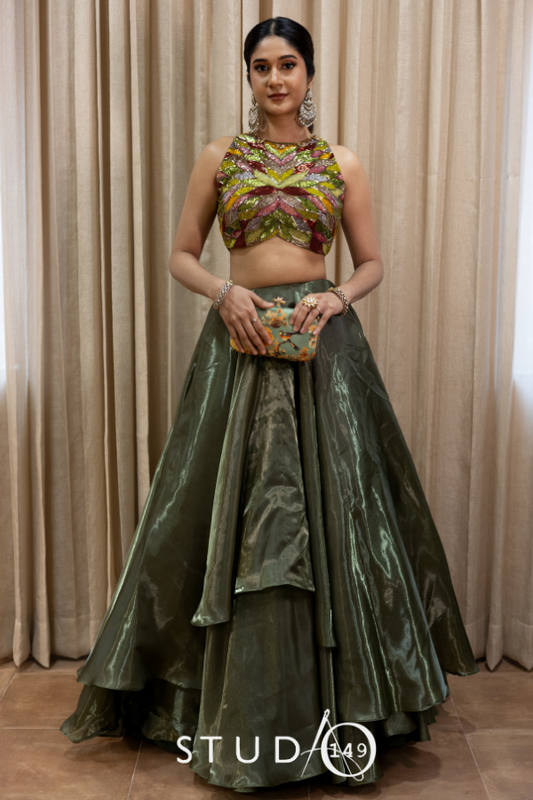 DESIGNER CROPTOP AND SKIRT IN GREEN