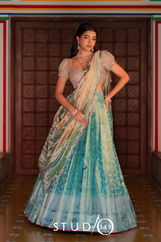 BRIDAL KANJEEVARAM HALF SAREE IN PASTEL BLUE AND GREEN