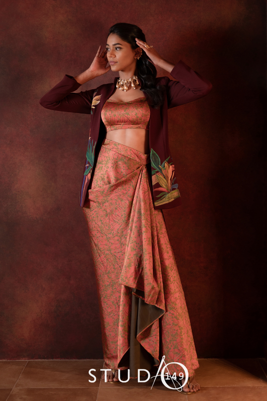 DESIGNER BANDHGALA SET IN RUST CORAL AND WINE