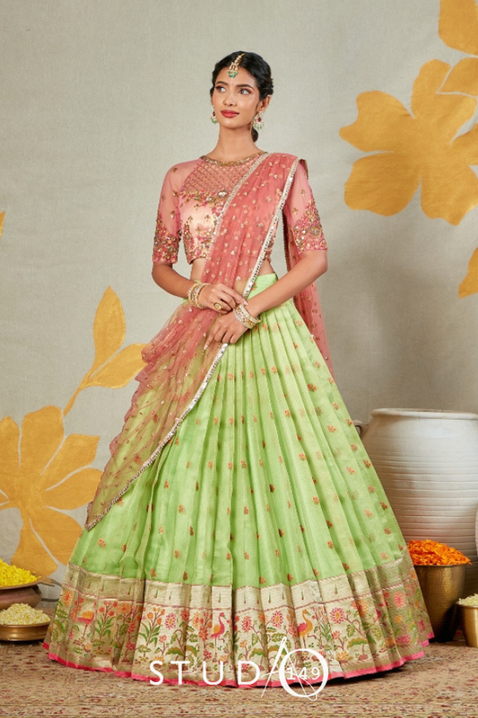 DESIGNER GREEN AND PINK HALF SAREE SET