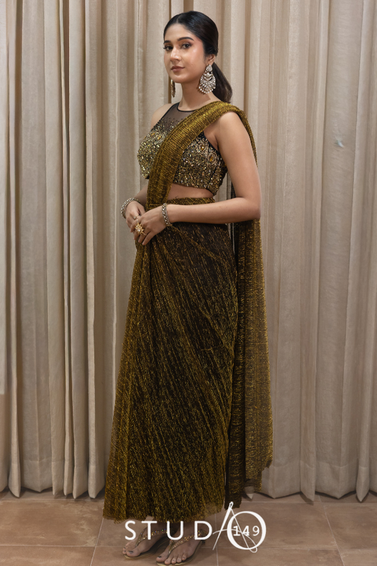 DESIGNER DRAPED SAREE IN METALLIC GOLD