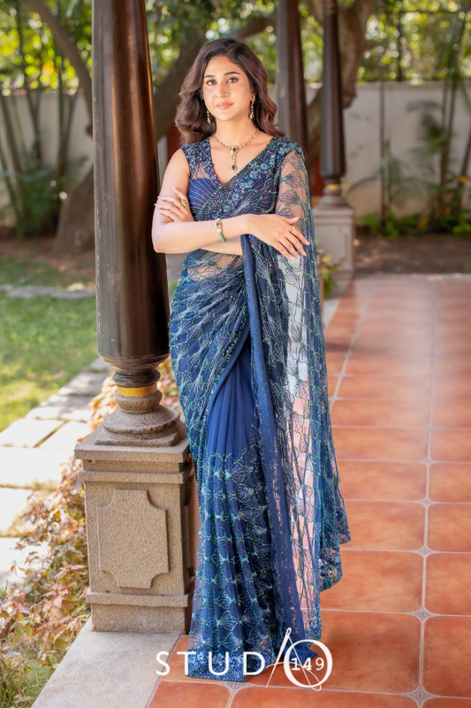 Designer Tulle Saree in Midnight Blue for Reception and Cocktail BY STUDIO 149