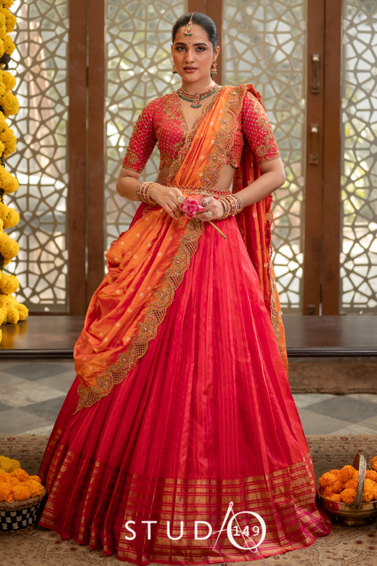 Pink and Orange Bridal Kanjeevaram Half Saree  | Bridal & Engagement Wear by Studio 149, Chennai