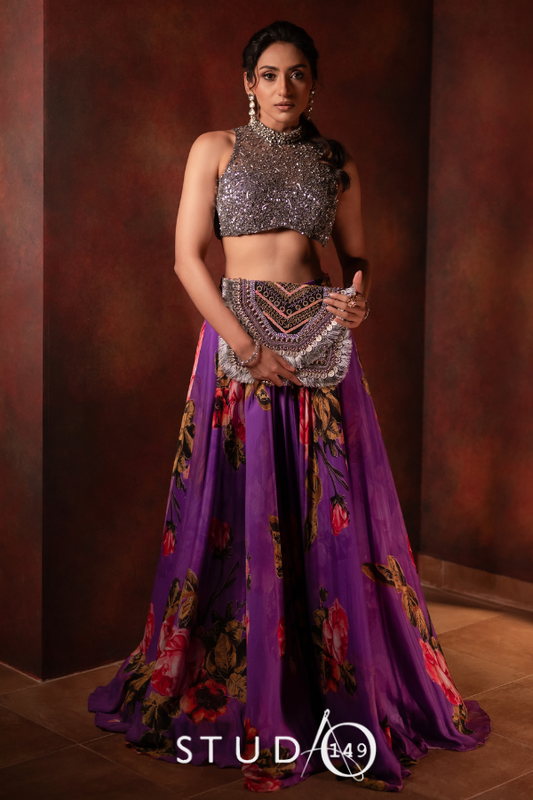 Purple printed crop top and skirt ensemble by Studio 149 for mehendi / cocktail/sangeet and festive events.