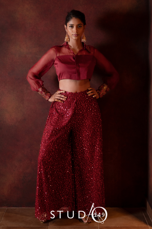 DESIGNER CROPTOP SET IN BURGUNDY