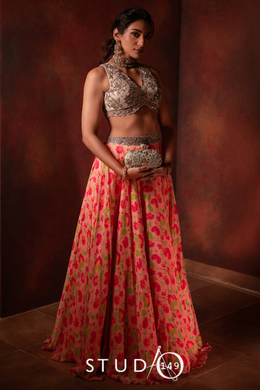 Grey tulle blouse with printed skirt ensemble by Studio 149 for sangeet/ mehendi and festive events