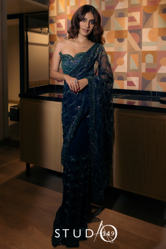 DESIGNER TULLE SAREE IN PEACOCK BLUE