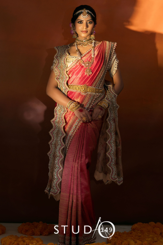 BRIDAL MUHURTAM SAREE IN PINK AND OFF-WHITE