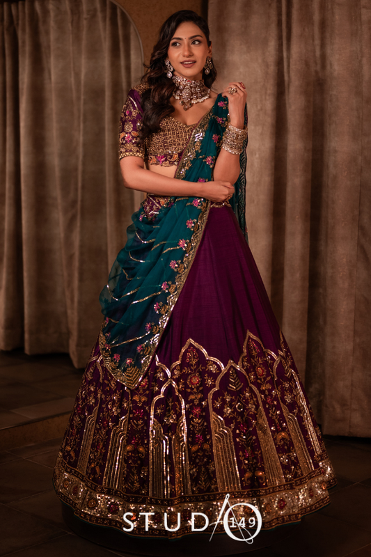 Purple and Teal Lehenga | Bridal wear for Reception/ Wedding/ Sangeet by STUDIO149, Chennai