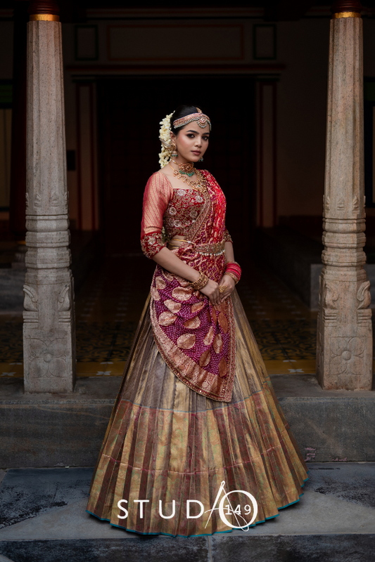 BRIDAL KANJEEVARAM HALF SAREE IN MAROON AND GREY