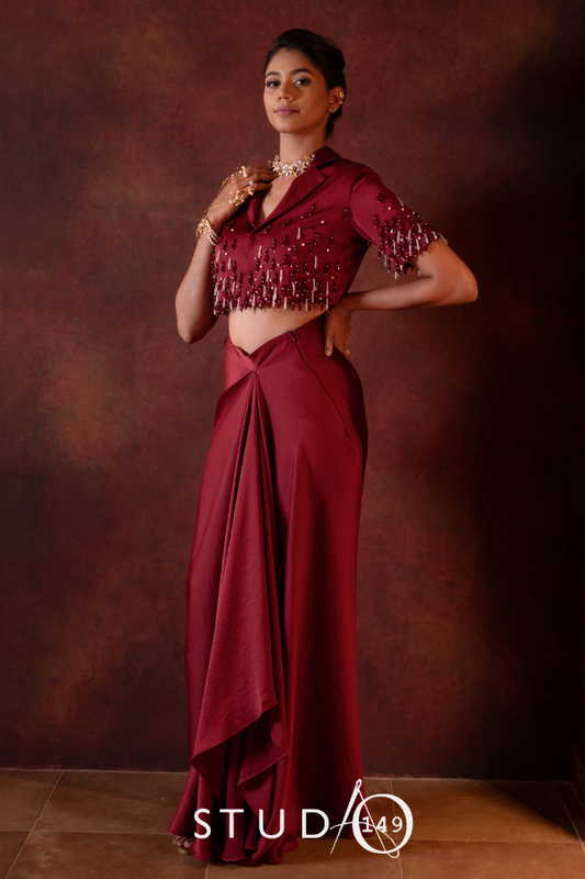 DESIGNER CROPTOP AND  DRAPE SKIRT IN MARRON