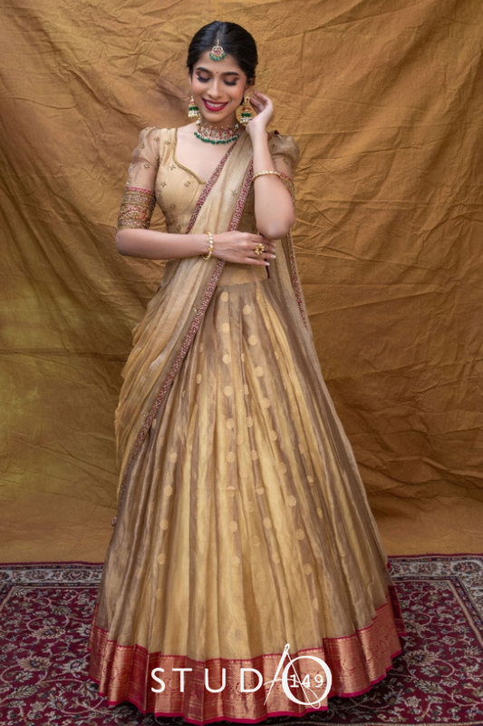 BRIDAL CHANDERI HALF SAREE SET IN GOLD