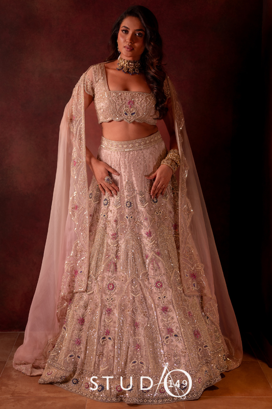 Onion Pink Tulle Embroidered Lehenga| Bridal wear for Reception/ Wedding / Cocktail by STUDIO149, Chennai