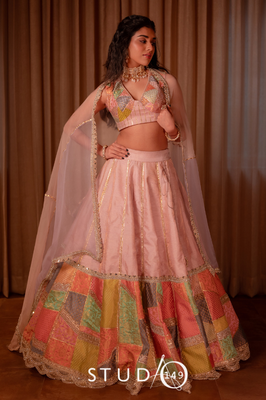 Brocade Patchwork Rawsilk Lehenga | Bridal wear for Haldi/ Mehendi and Sangeet by STUDIO149, Chennai