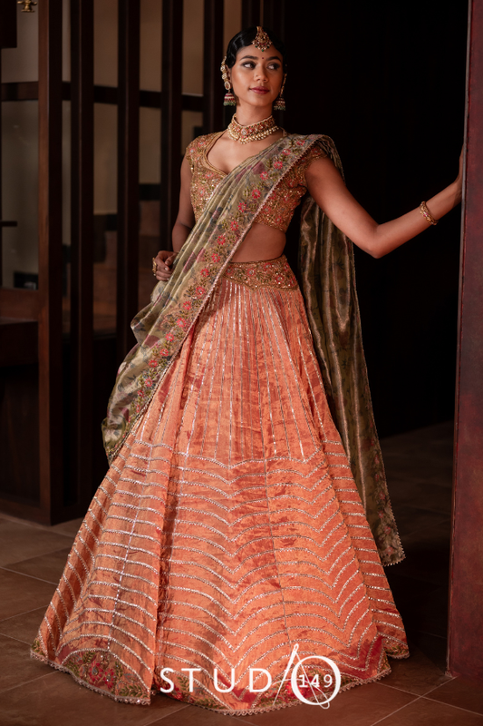 Peach Chanderi tissue gota lehenga | Bridal wear by STUDIO 149 for Sangeet/ Haldi / Mehandi / Festive wear