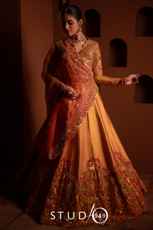 Sunset Yellow Paisley Lehenga | Bridal Wear for Mehendi/ Haldi/ Sangeet/ Wedding Celebrations  by STUDIO 149, Chennail