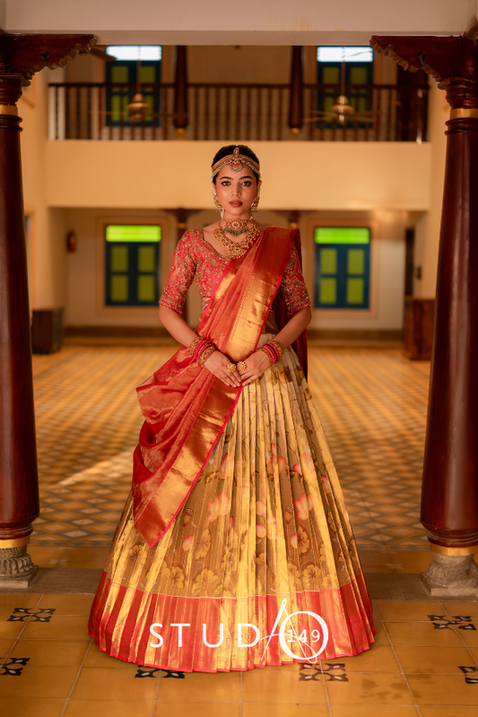 BRIDAL KANJEEVARAM HALF SAREE IN RED AND GOLD