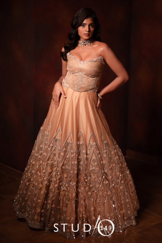 Gold corset Lehenga | Bridal wear by STUDIO 149, Chennai for Wedding/ Cocktail/ Sangeet and Receptions.