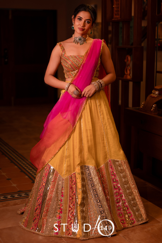 Yellow patchwork lehenga | Bridal wear by STUDIO 149, Chennai for Haldi / Mehendi / Destination Wedding/ Reception