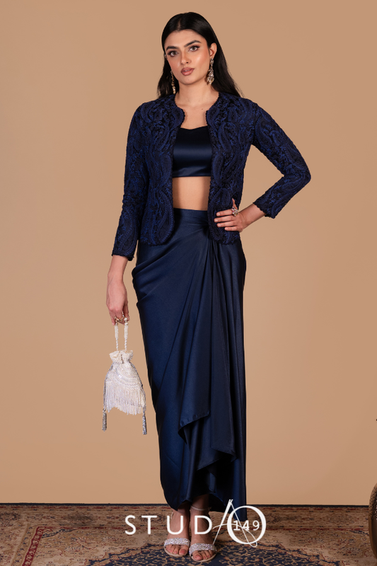 Wedding Cocktail Co-ord Set in Navy Blue with Satin Drape Skirt & Paisley Jacket by Studio149