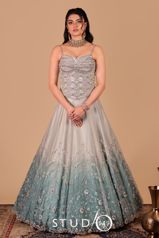 Ombre Grey-Blue Tulle Lehenga with Hand-Embroidered Corset Blouse by Studio 149 for Engagement| Reception |sangeet and cocktail