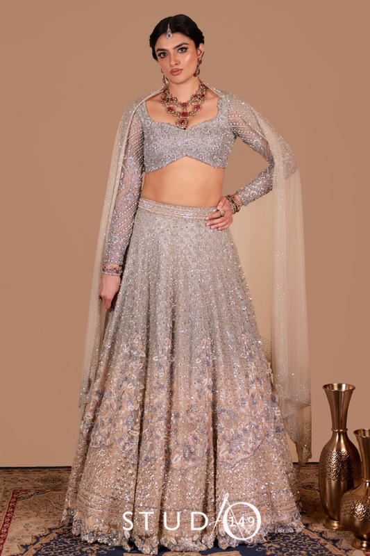 Grey & Peach Ombre Lehenga |Bridal wear for sangeet | cocktail| wedding celebrations by Studio 149, chennai