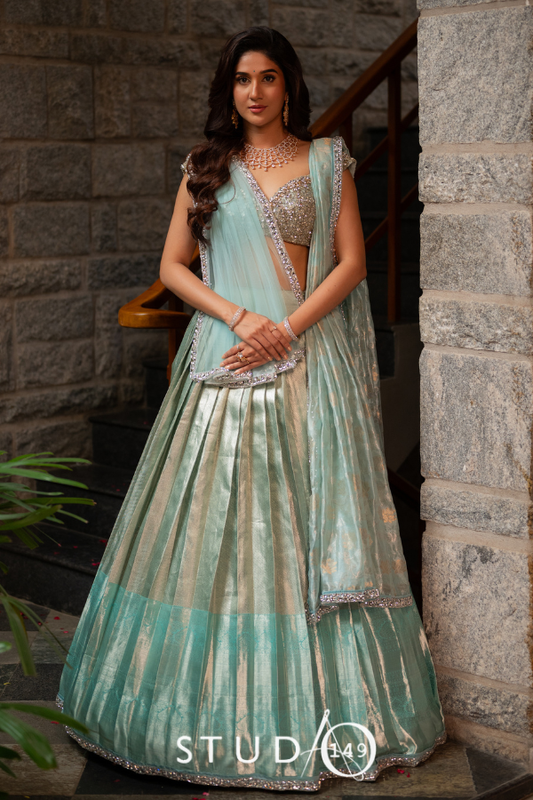 Kanjeevaram half saree in pastel blue | Engagement/ reception Wear by Studio 149, Chennai