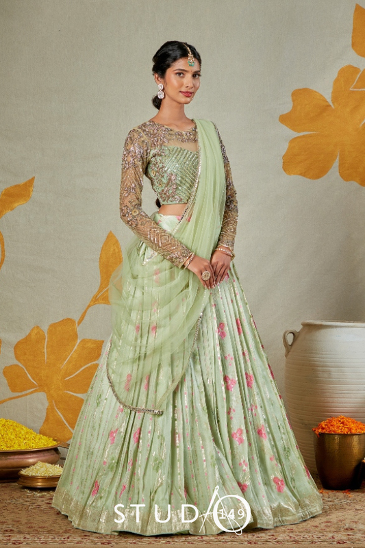 DESIGNER HALF SAREE SET IN MINT GREEN