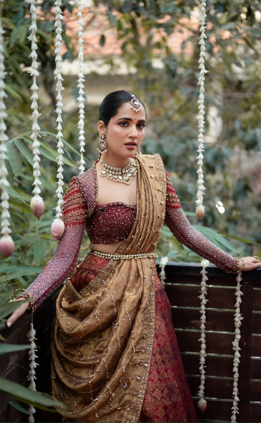 Contemporary Classic in Burgundy & Gold | Kanjeevaram Half sari | Bridal /  Engagement Wear by Studio 149, Chennai.