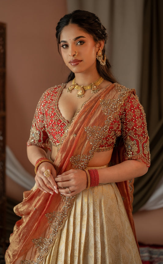 Kanjeevaram half saree in red & white | Bridal / Engagement wear by Studio 149, Chennai