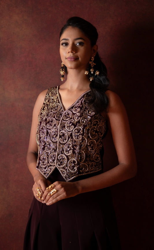 DESIGNER WAISTCOAT AND PANT IN DEEP PLUM