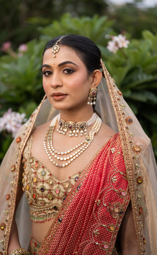 Kanjeevaram half saree in off-white & red | Bridal / Engagement wear by Studio 149, Chennai