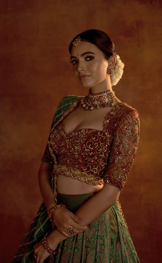 BRIDAL BANARES SILK LEHENGA IN GREEN