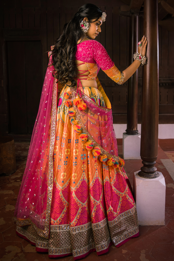 Orange and Rani Pink Banarasi Silk Jacquard Lehenga Set #lehenga  #lehengacholi | Lehenga choli, Designer lehenga choli, Party wear lehenga
